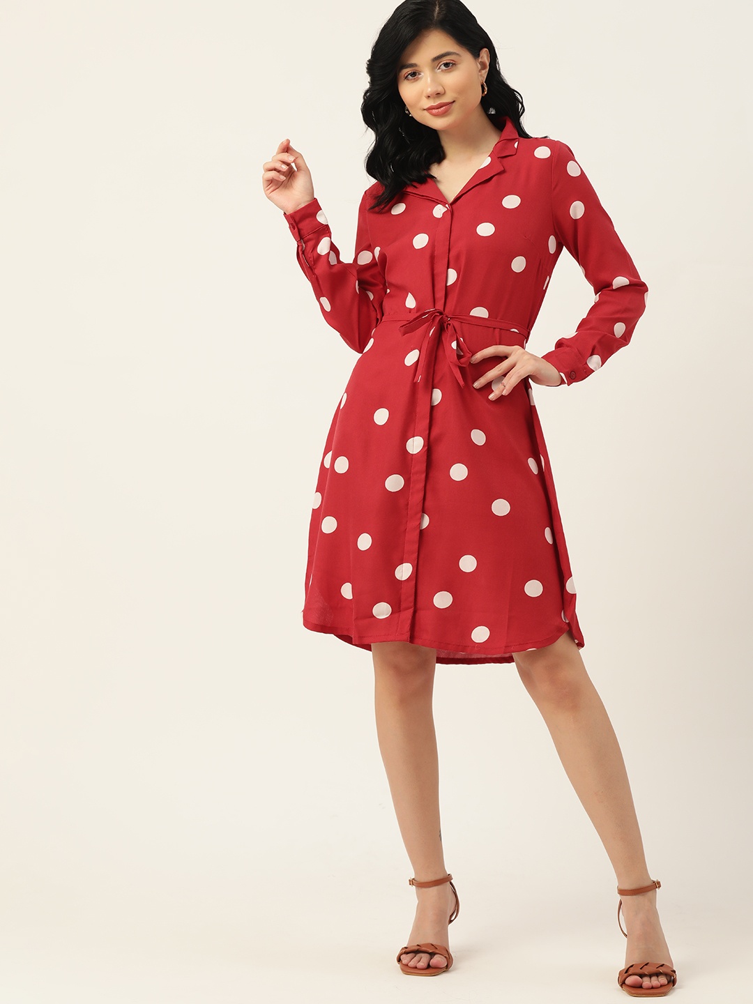 

DressBerry Red & White Polka Dots Printed Shirt Dress