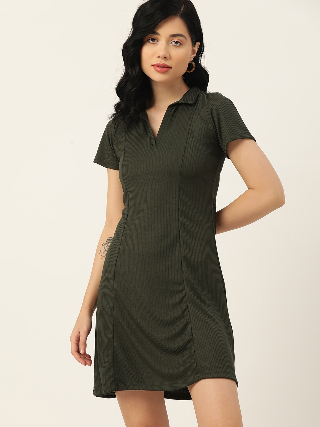 

DressBerry Olive Green Knitted Sheath Dress