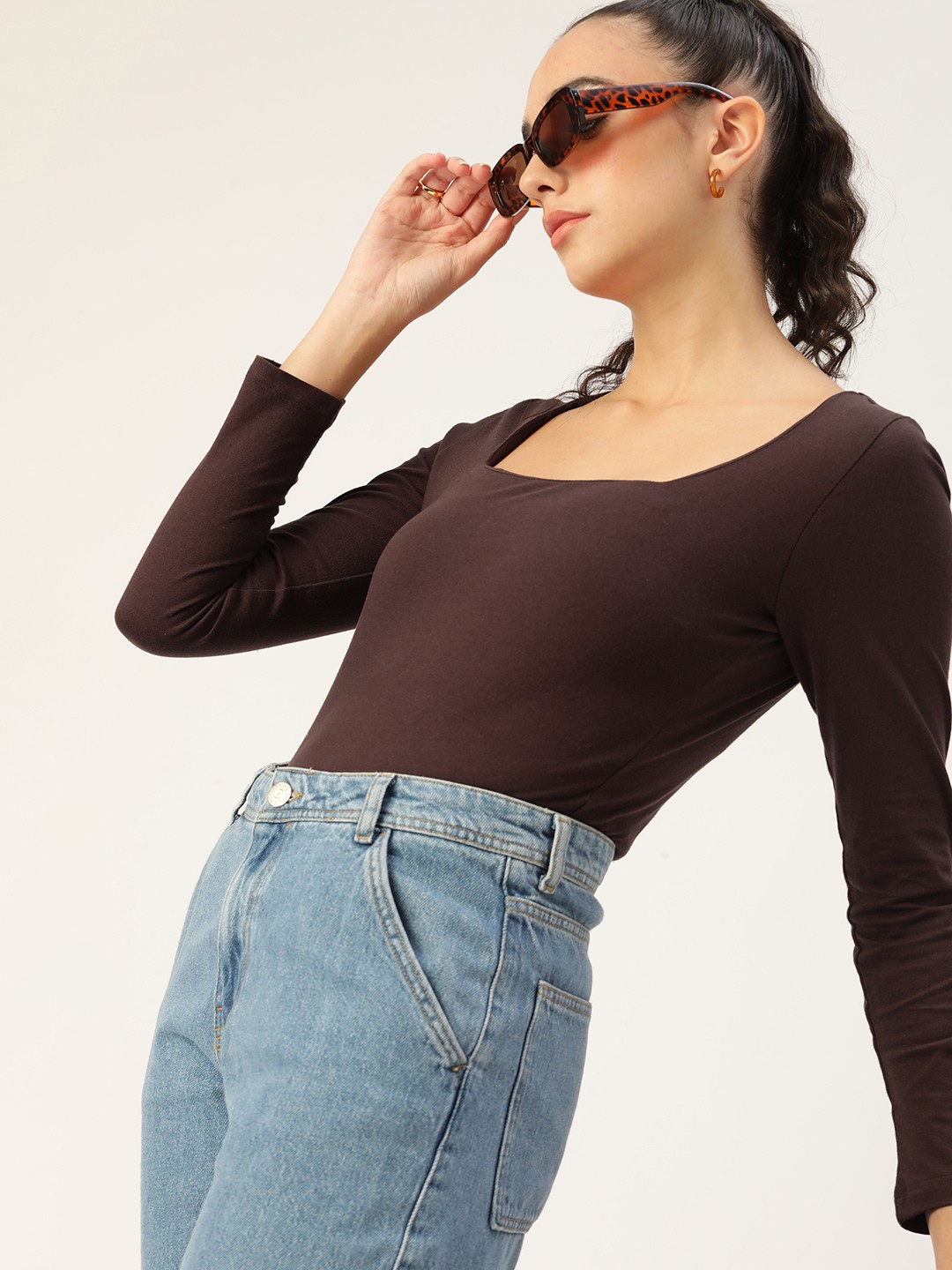 

DressBerry Brown Solid Square Neck Pure Cotton Top