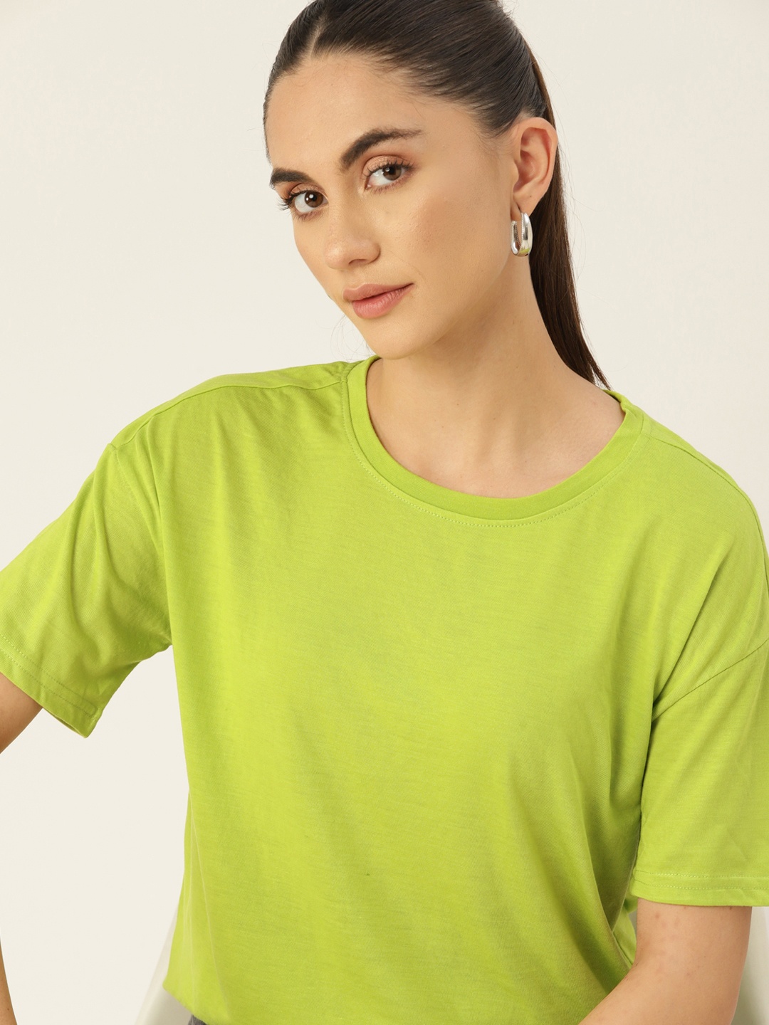 

DressBerry Women Lime Green Solid Drop-Shoulder Sleeves T-shirt