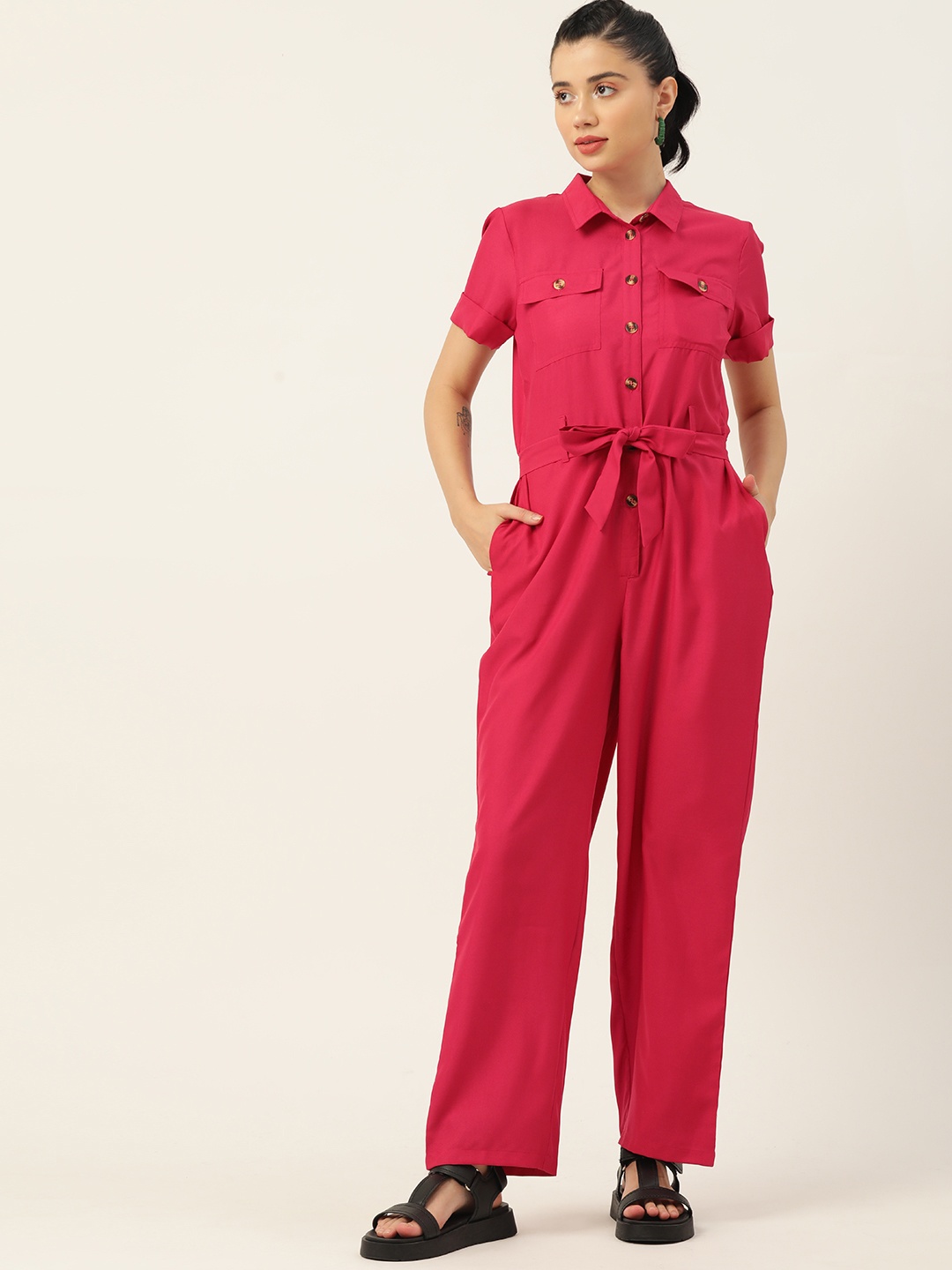 

4WRD by Dressberry Fuchsia Solid Basic Jumpsuit With Tie-Up Belt