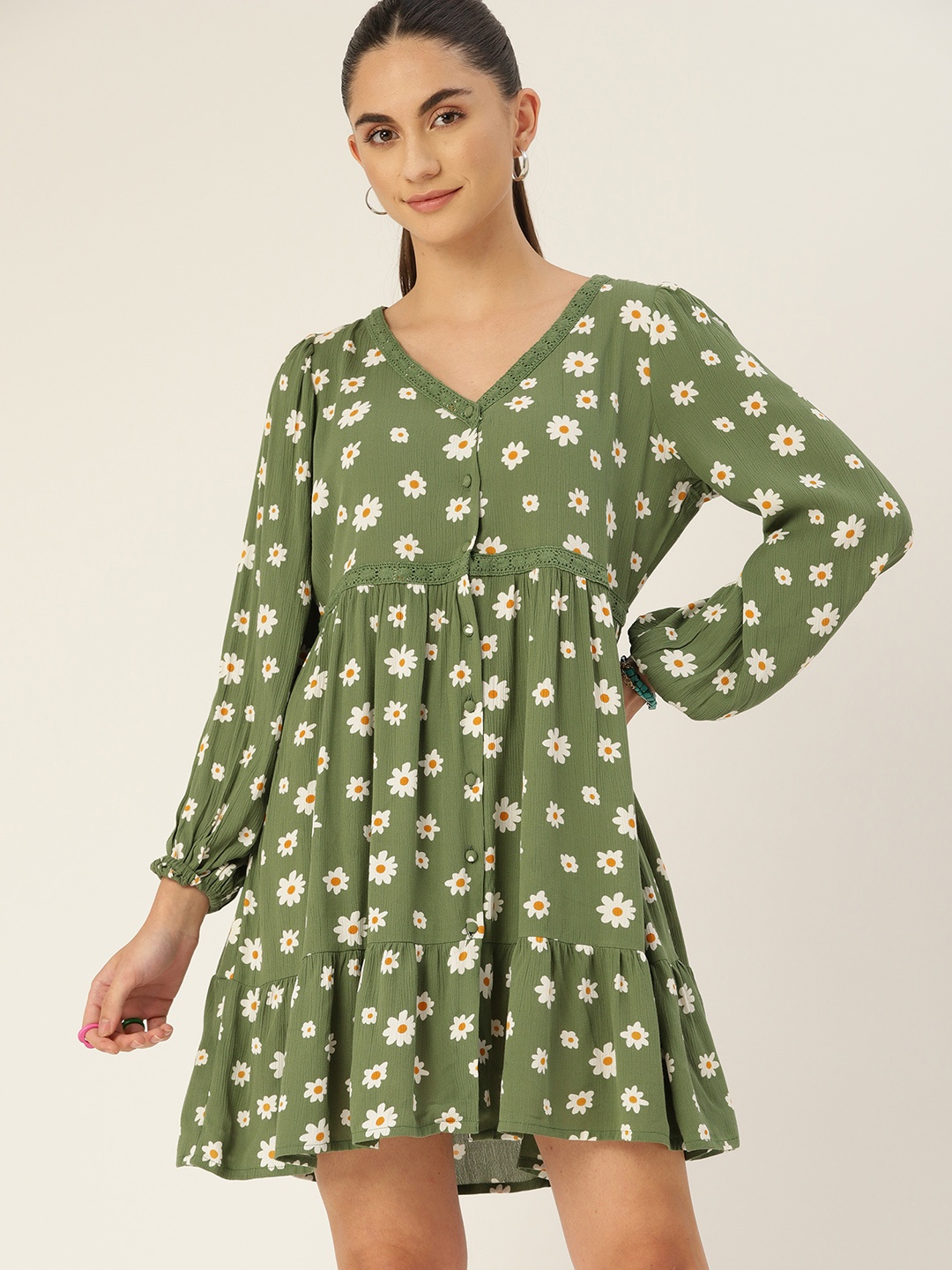 

DressBerry Green & White Floral Printed A-Line Dress