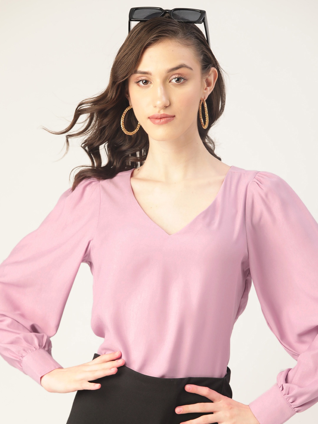 

DressBerry Lavender Solid Bishop Sleeves V-Neck Regular Top