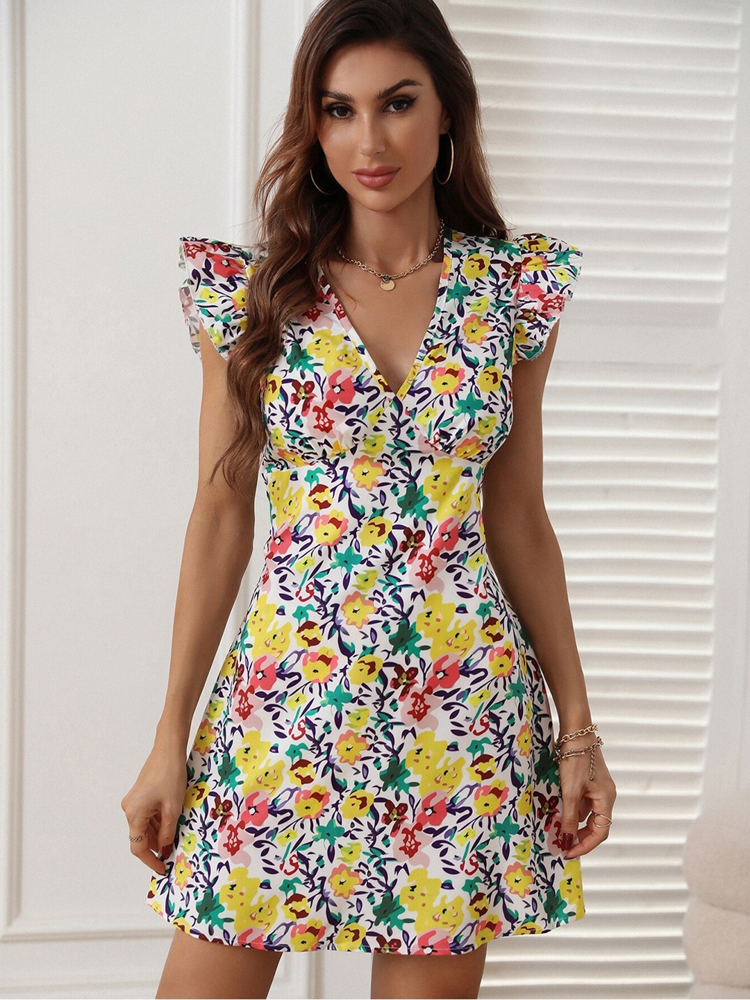 

BoStreet White & Yellow Floral Flutter Sleeves Fit & Flare Dress