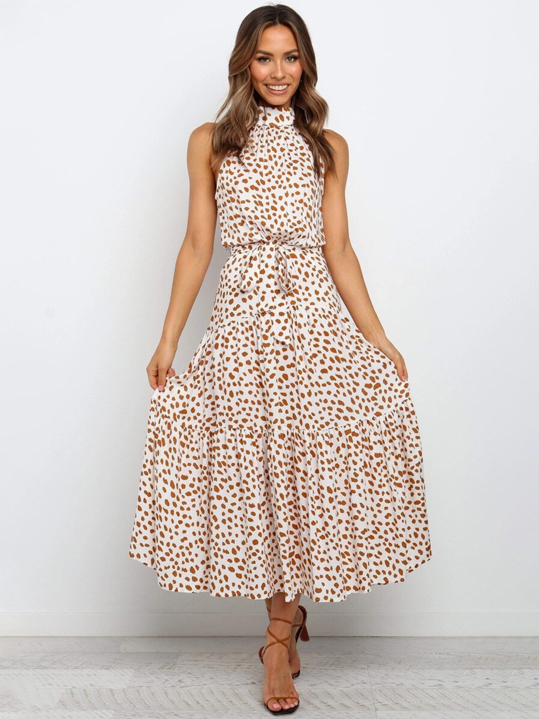 

BoStreet White & Brown Halter Neck Maxi Dress