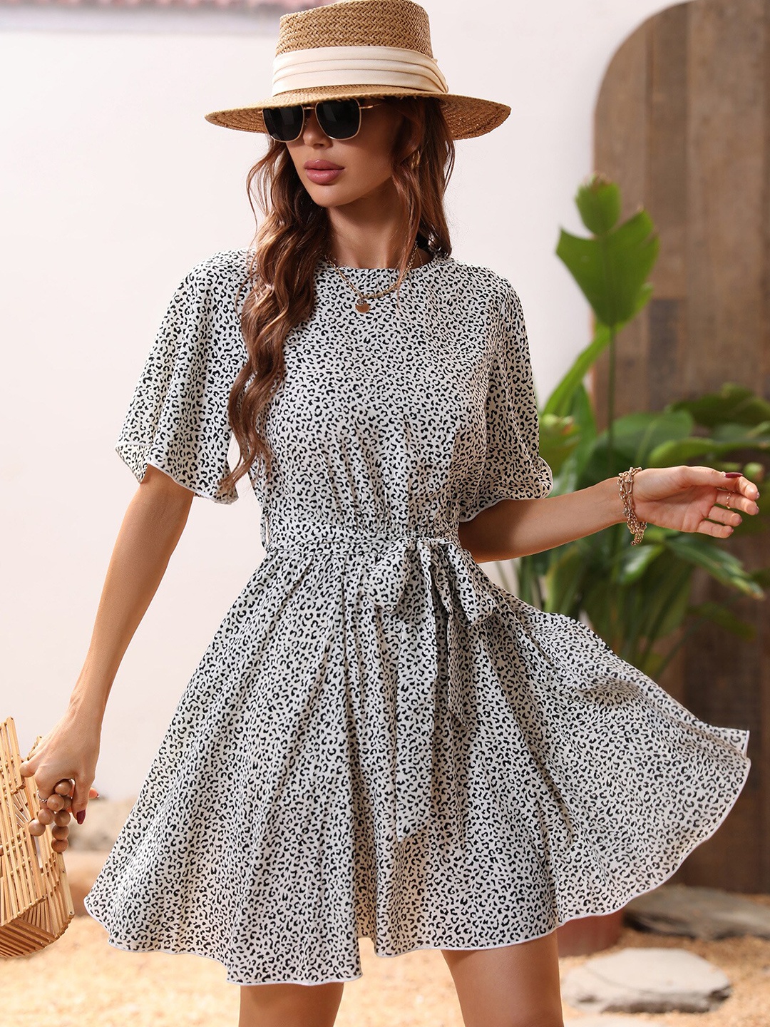 

BoStreet White Animal Print Fit and Flare Dresses