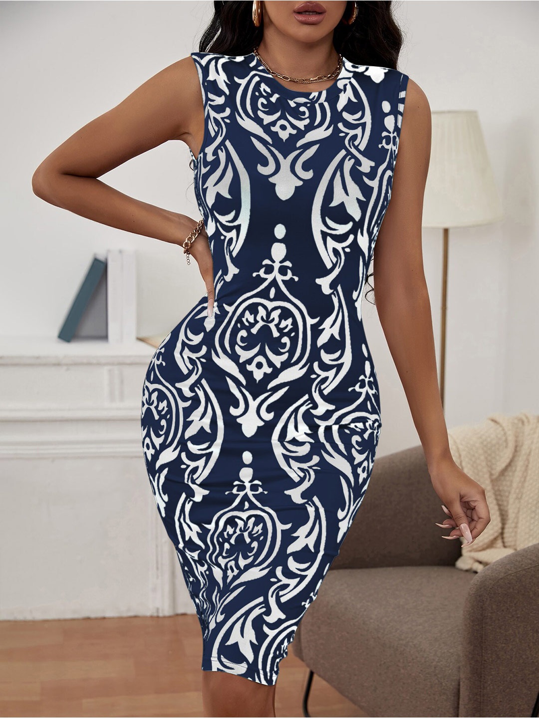 

BoStreet Blue & Off White Ethnic Motifs Sheath Dress