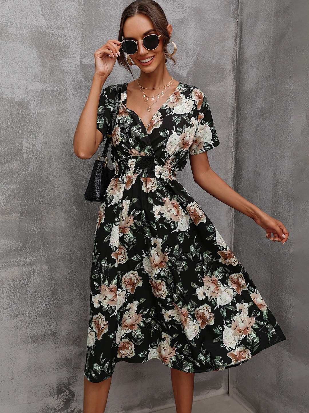 

BoStreet Women Black Printed A-Line Midi Dress