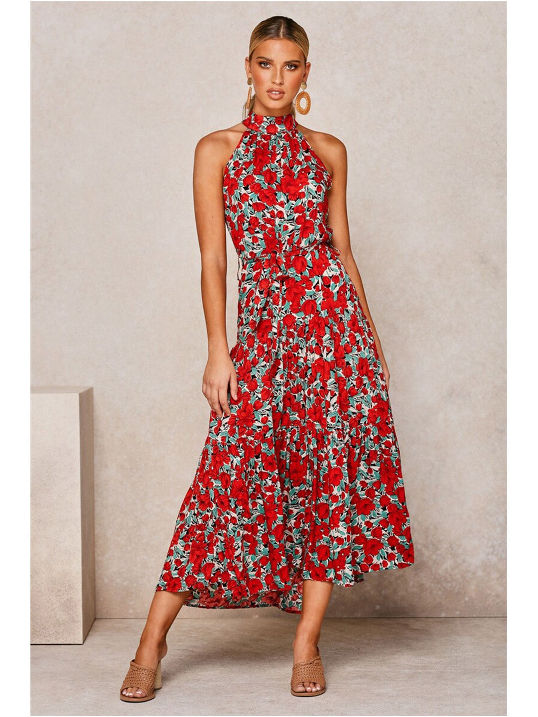 

BoStreet Red & Multicoloured Floral Halter Neck A-Line Midi Dress