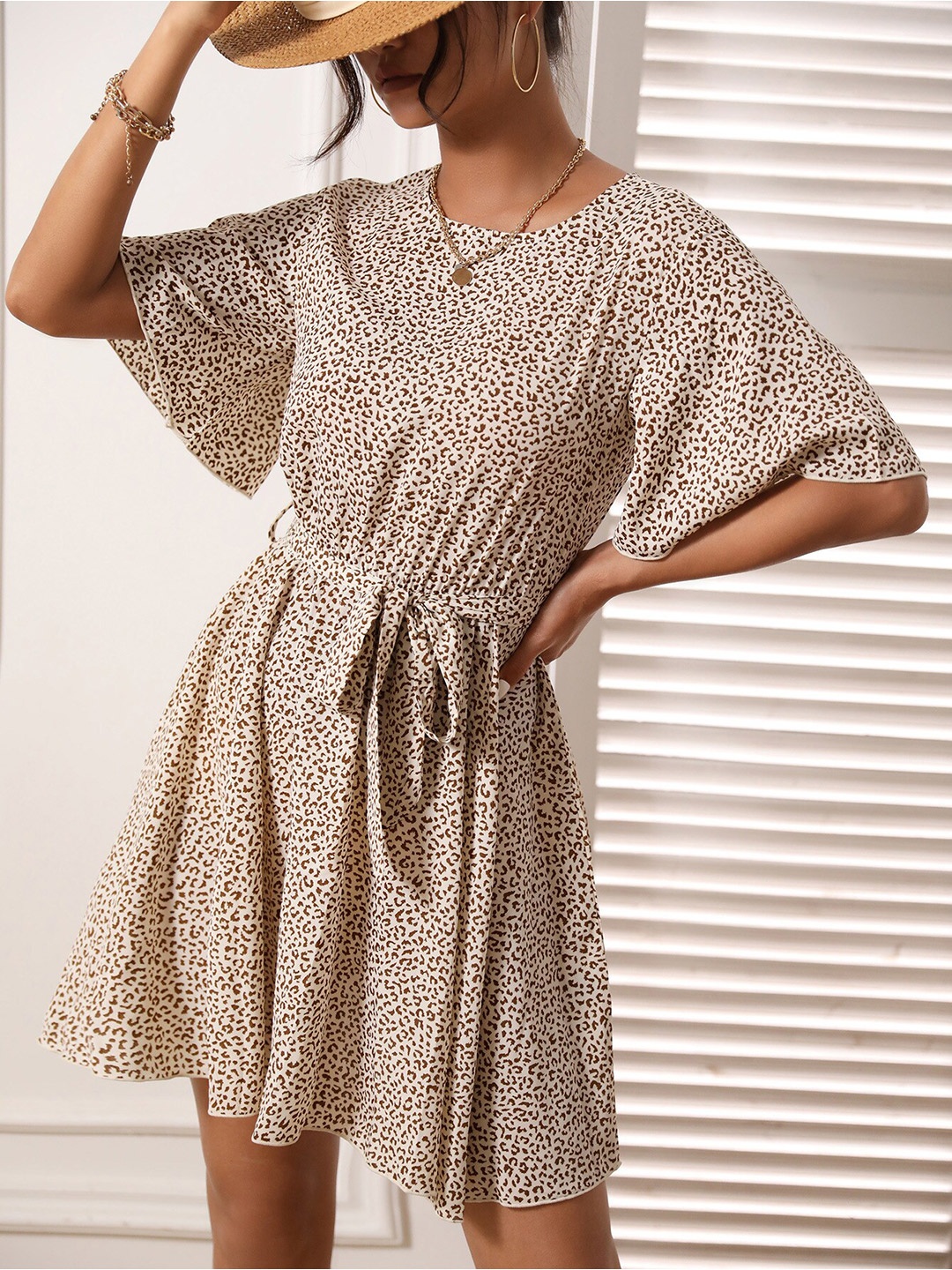 

BoStreet Off White & Brown Fit & Flare Animal Print Dress