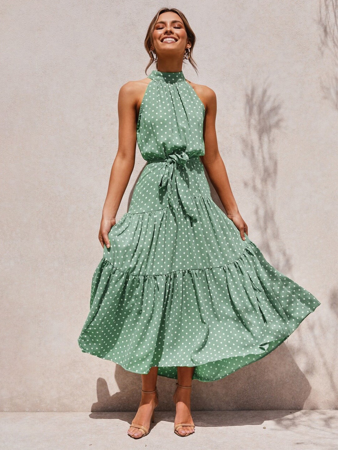 

BoStreet Green & White Polka Dots Printed Maxi Dress