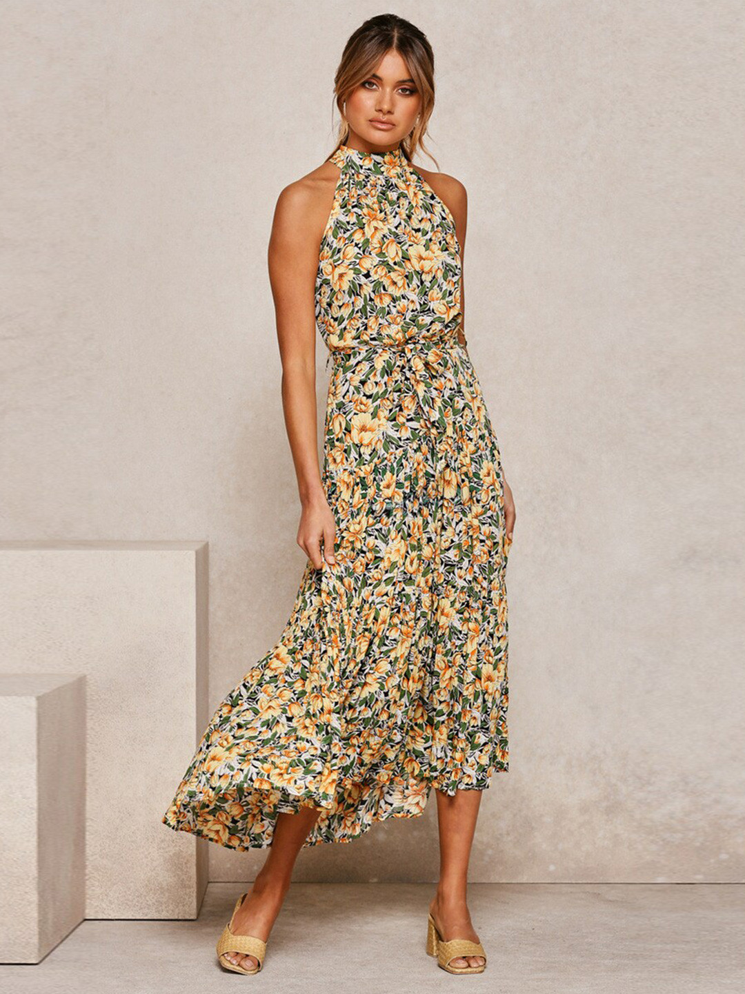 

BoStreet Yellow & Green Floral Halter Neck Maxi Dress