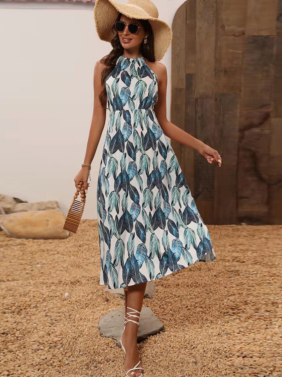 

BoStreet White & Blue Tropical Fit and Flare Dresses