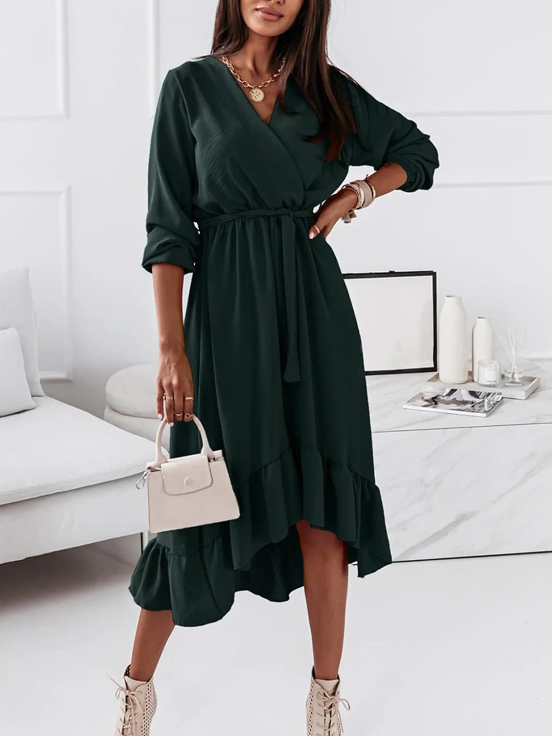 

BoStreet Women Green Wrap Midi Dress