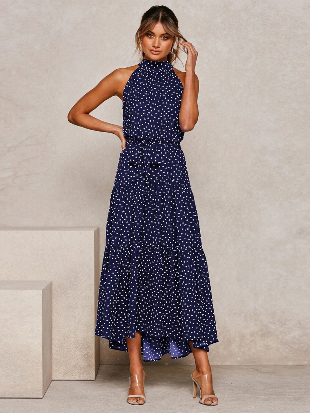 

BoStreet Women Navy Blue Chocker Neck Maxi Dress