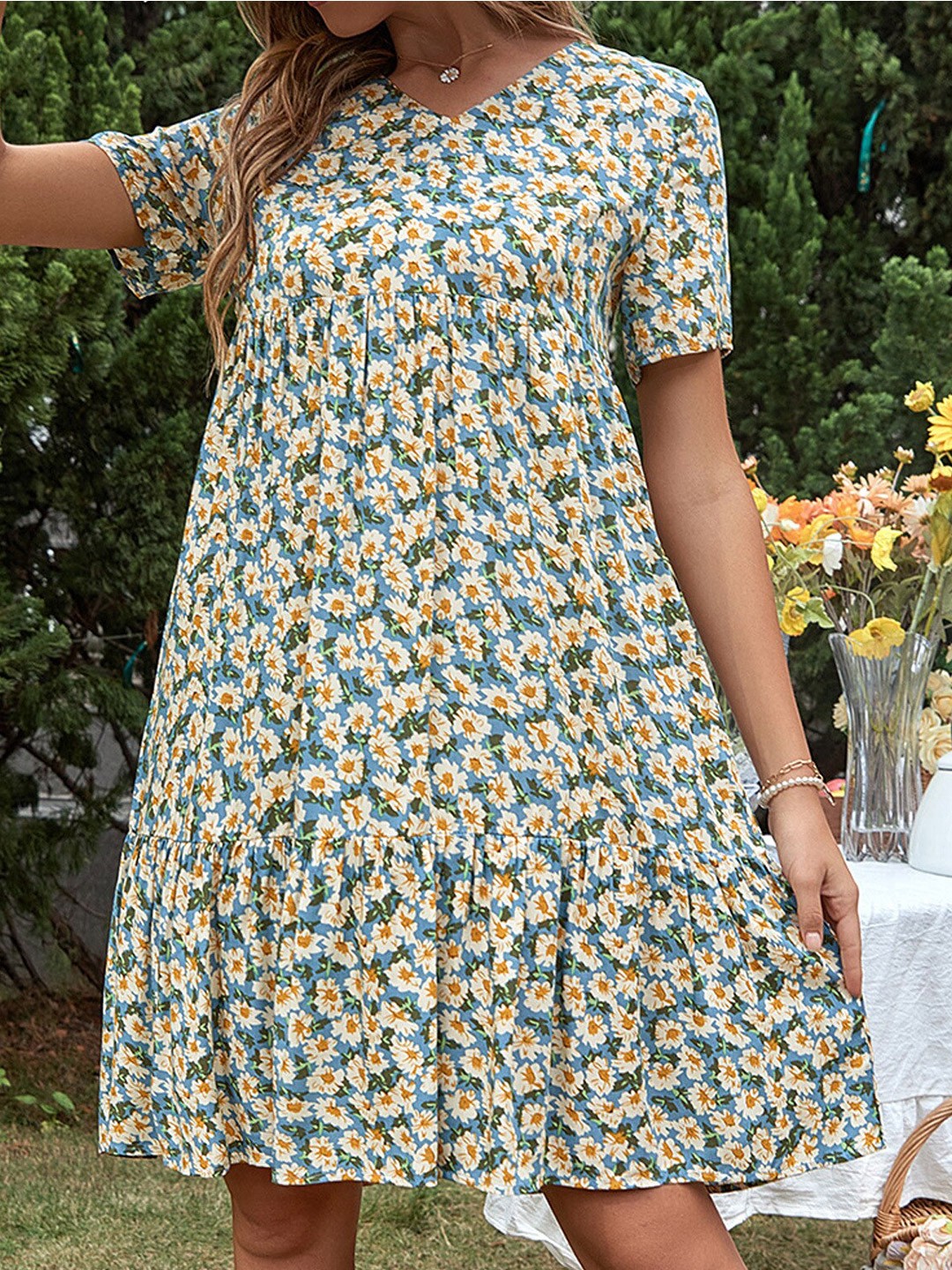 

BoStreet Blue & Yellow Floral Empire Dress