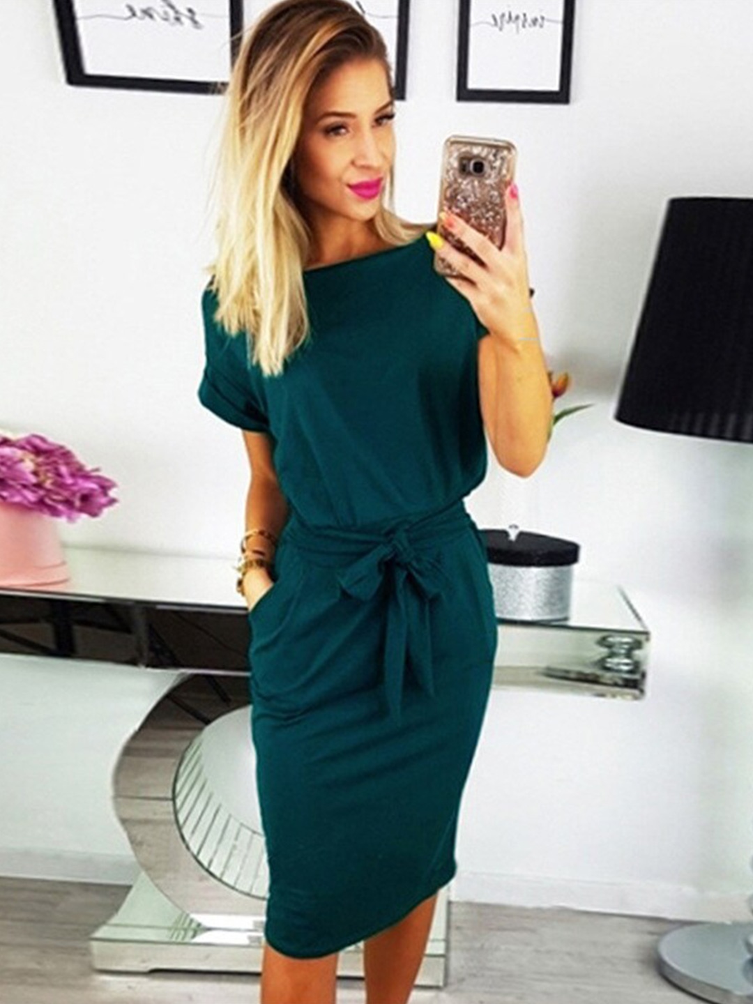 

BoStreet Teal Blue Solid Sheath Dress