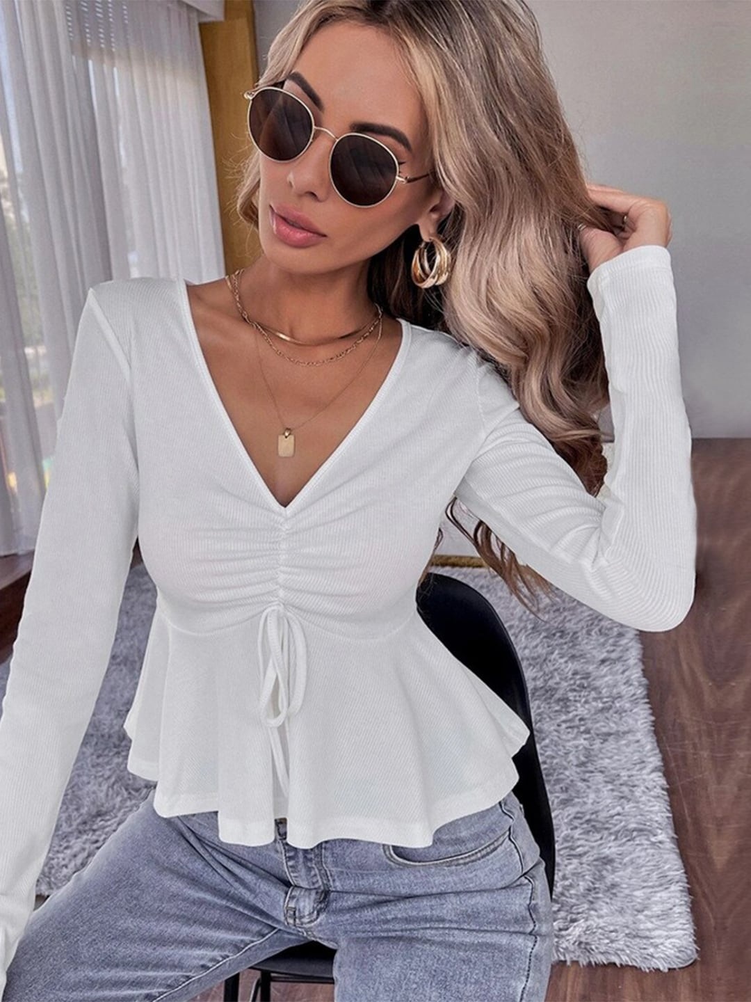 

StyleCast White Solid Clinched Waist Tops