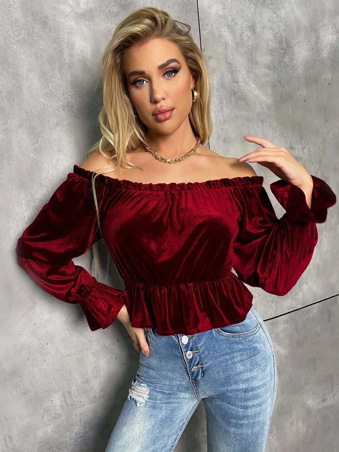 

StyleCast Maroon Off-Shoulder Ruffles Velvet Bardot Top