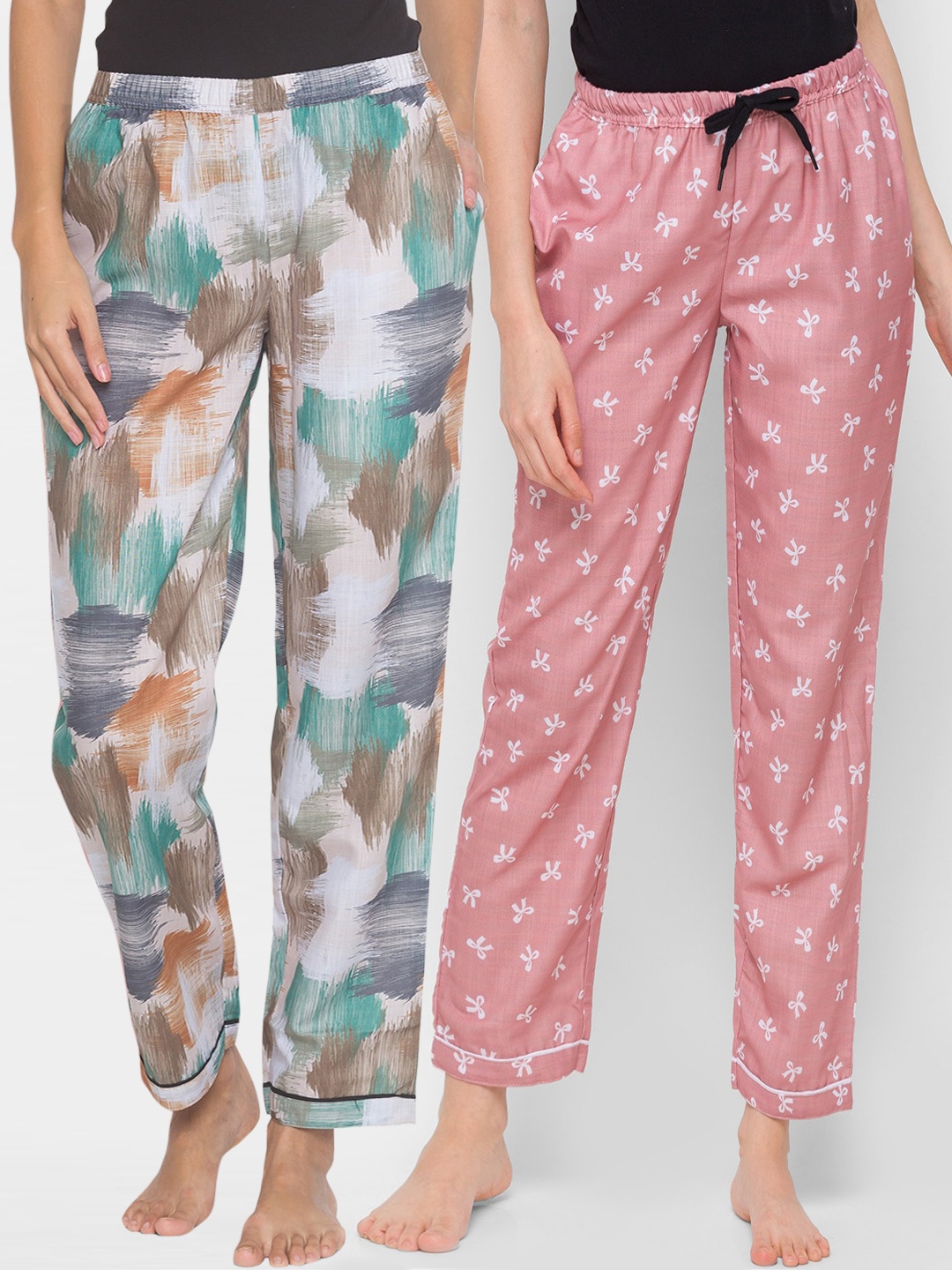 

FashionRack Women Pack Of 2 Printed Cotton Lounge Pants, Beige