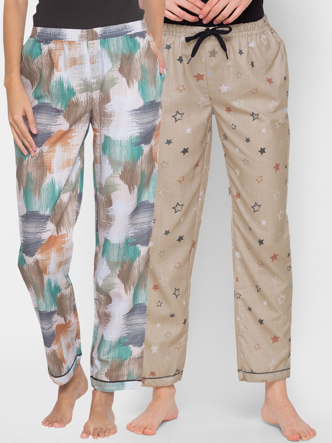 

FashionRack Women Pack of 2 Beige & Brown Printed Cotton Lounge Pants