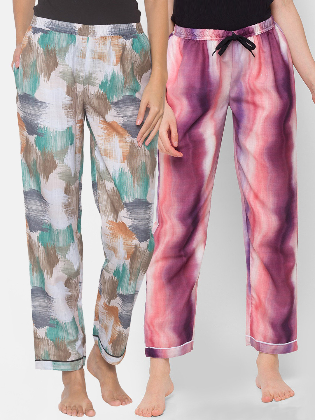 

FashionRack Pack of 2 Beige & Purple Printed Cotton Lounge Pants