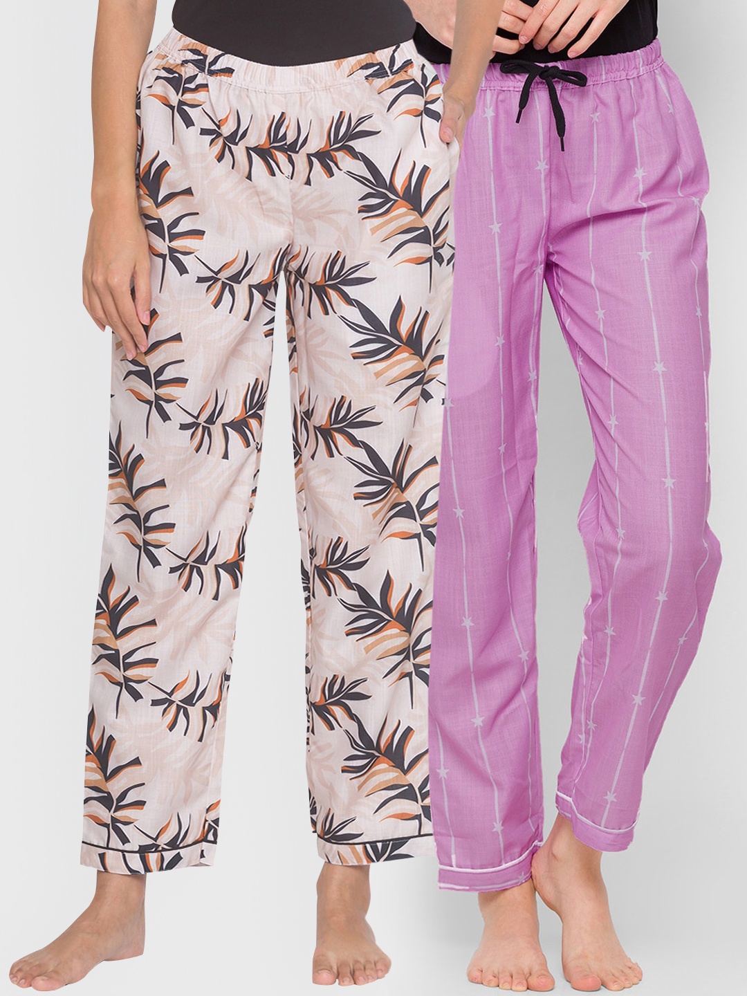 

FashionRack Pack Of 2 Beige & Purple Printed Cotton Lounge Pants