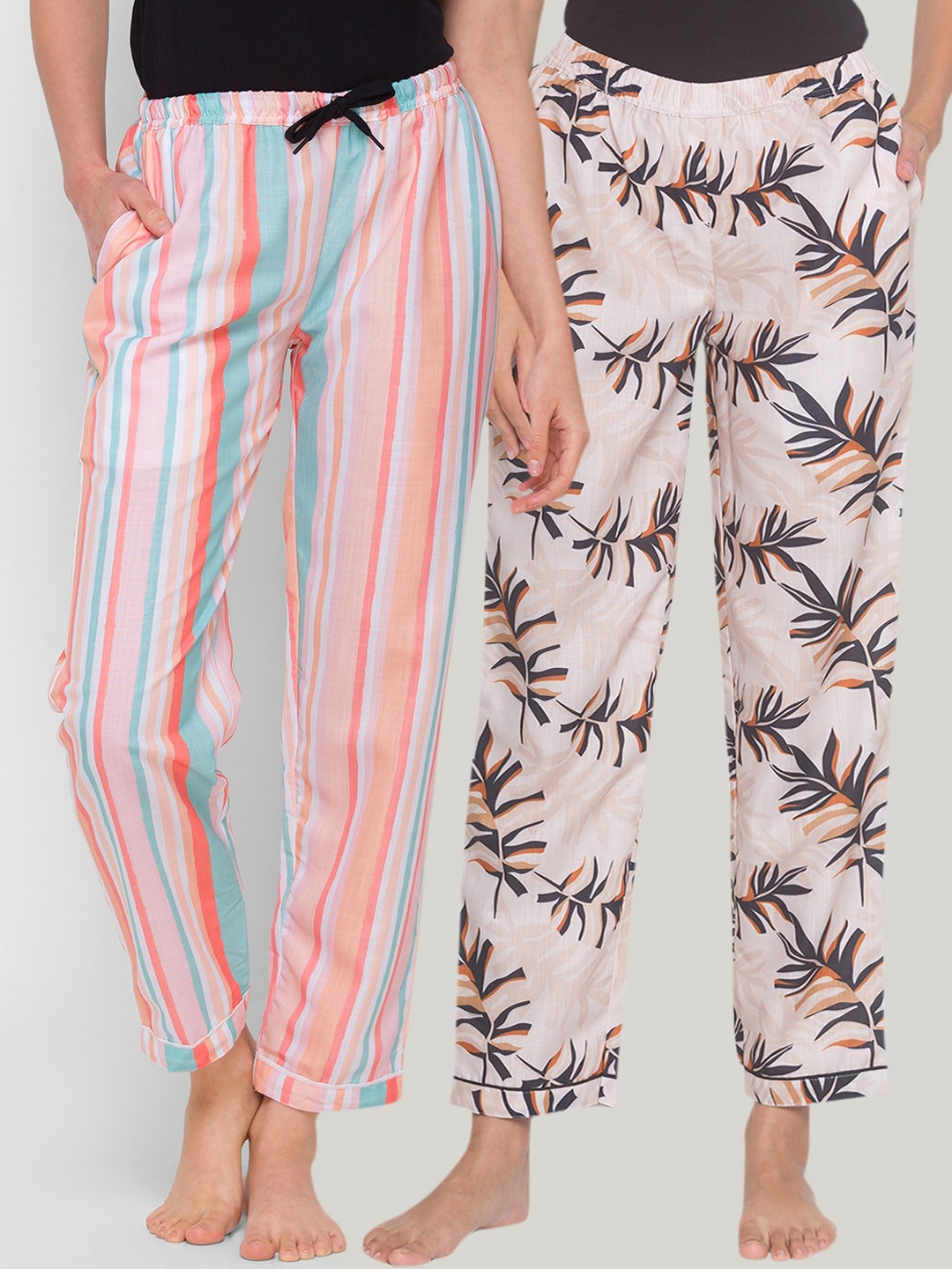

FashionRack Pack of 2 Beige & Pink Printed Cotton Lounge Pants
