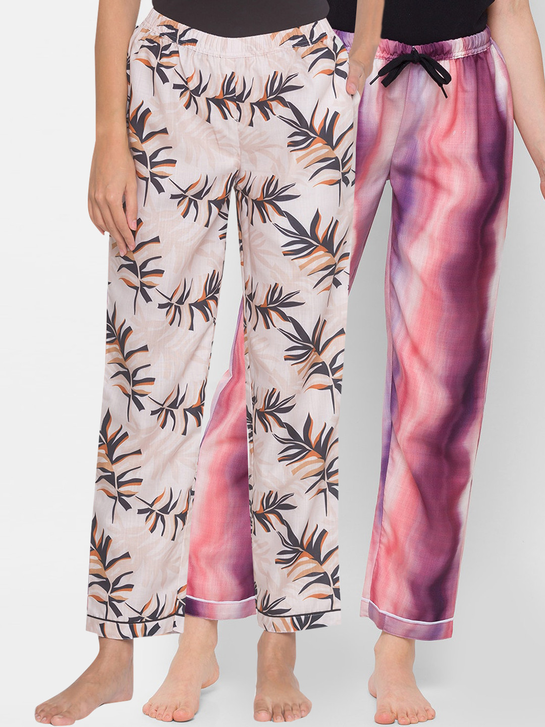 

FashionRack Pack of 2 Women Beige & Purple Printed Cotton Lounge Pants