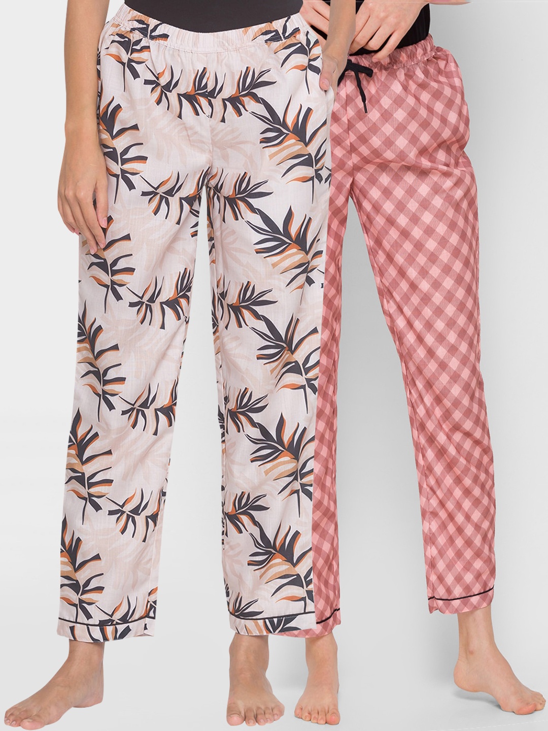 

FashionRack Women Set of 2 Beige & Pink Cotton Lounge Pants
