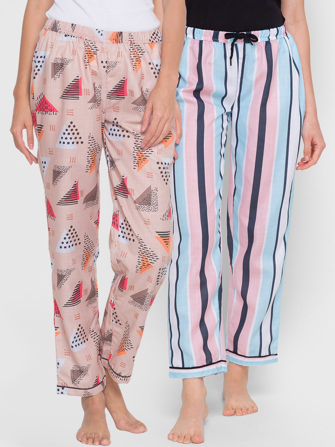 

FashionRack Women Pack of 2 Beige & Multicolored Printed Cotton Lounge Pants