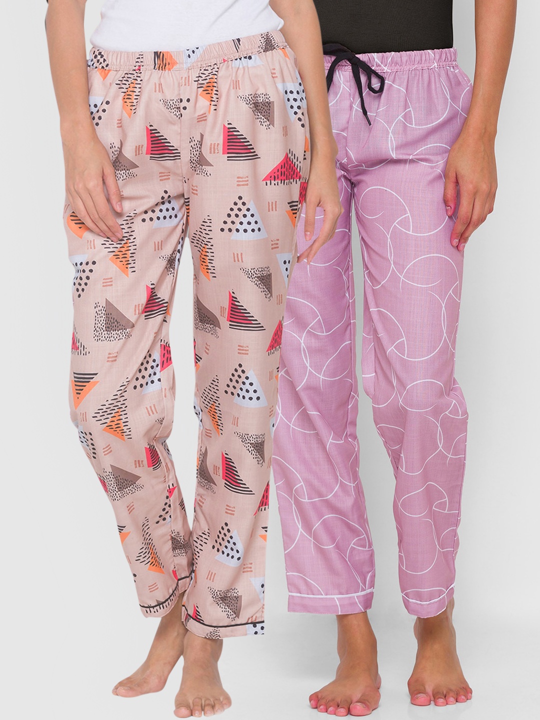 

FashionRack Women Pack of 2 Beige & Purple Printed Cotton Lounge Pants