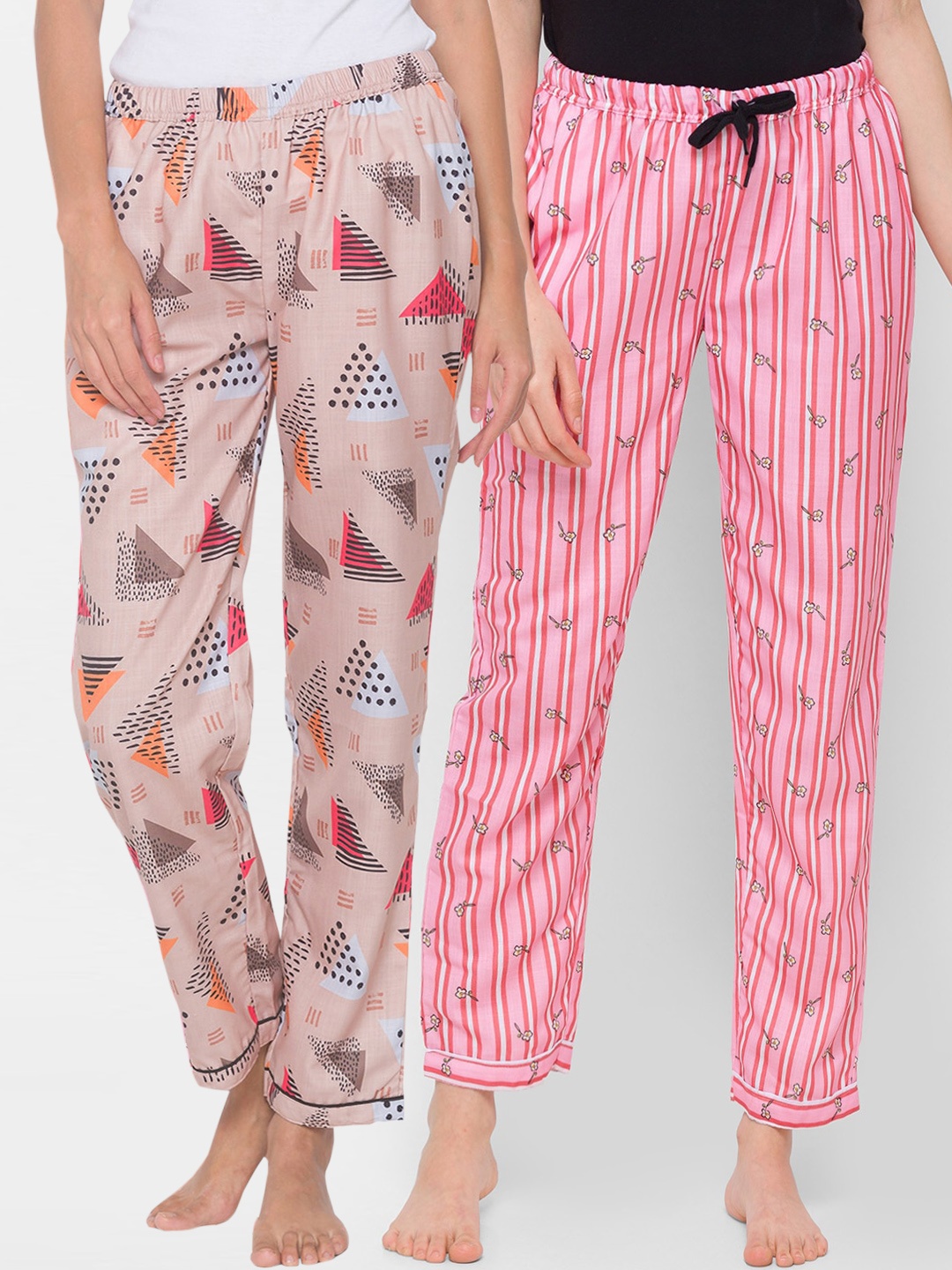 

FashionRack Pack of 2 Beige & Pink Printed Cotton Lounge Pants
