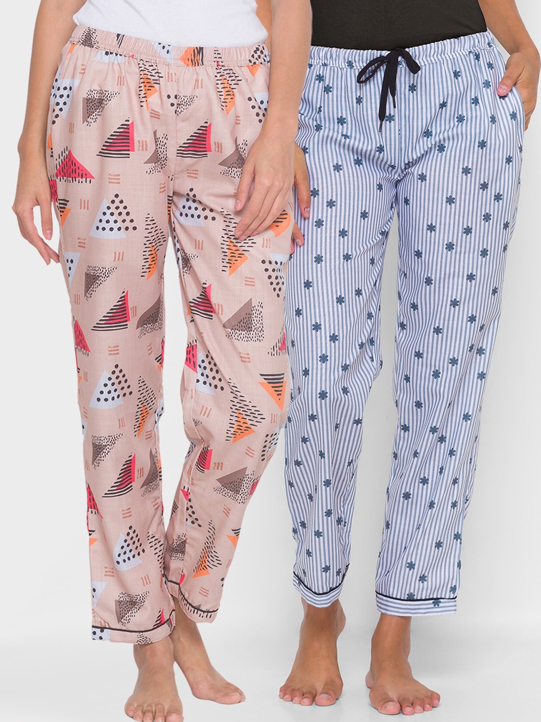 

FashionRack Women Pack of 2 Beige & Blue Printed Cotton Lounge Pants