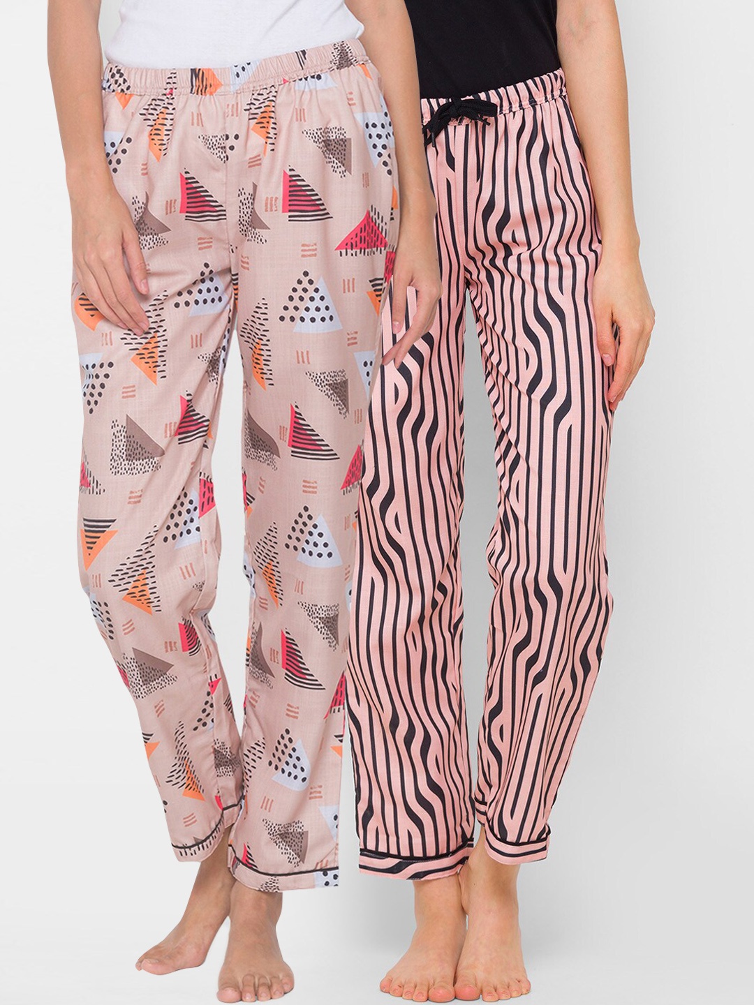 

FashionRack Pack of 2 Beige Printed Cotton Lounge Pants