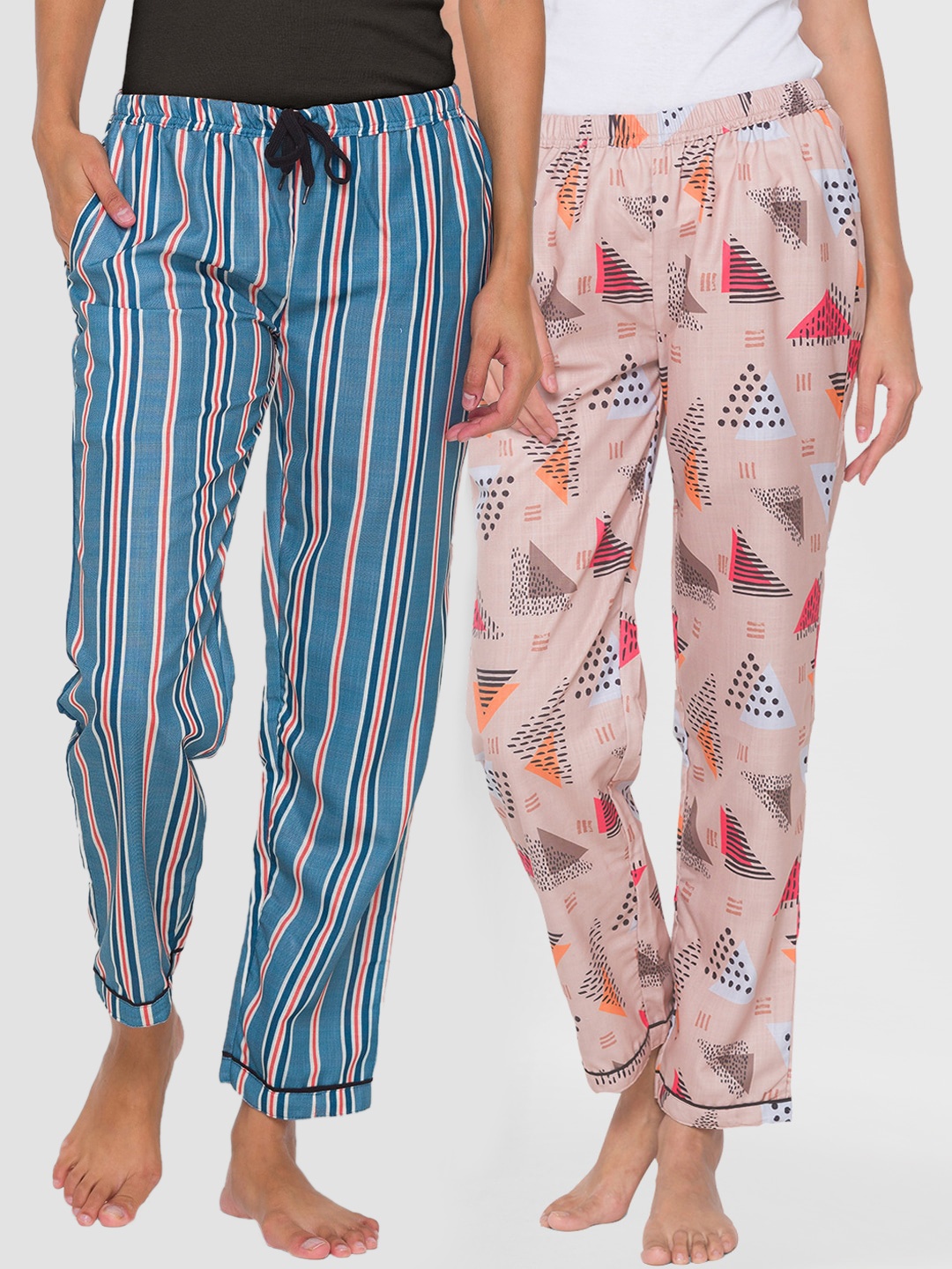 

FashionRack Women Pack of 2 Beige & Navy Blue Printed Cotton Lounge Pants