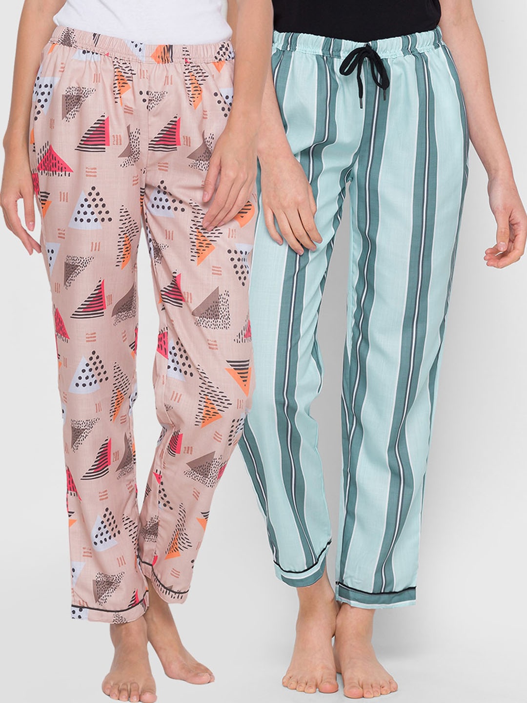 

FashionRack Women Pack of 2 Beige & Sea Green Printed Cotton Lounge Pants