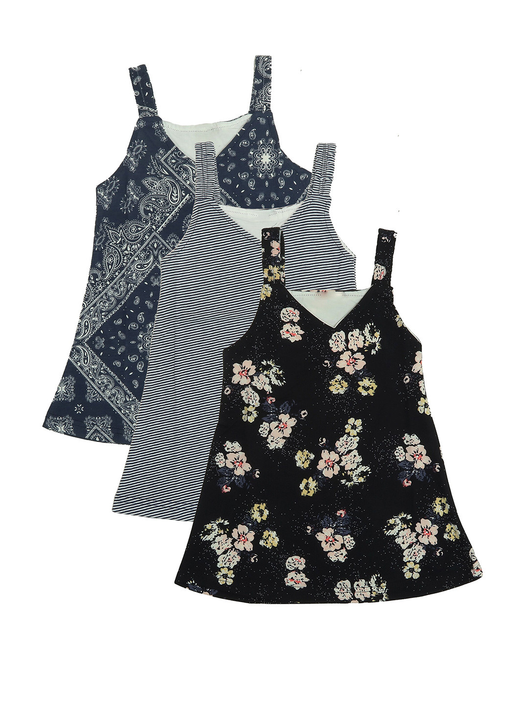 

OLIVE MIST Pack Of 3 Blue Floral Printed Pure Cotton A-Line Dress