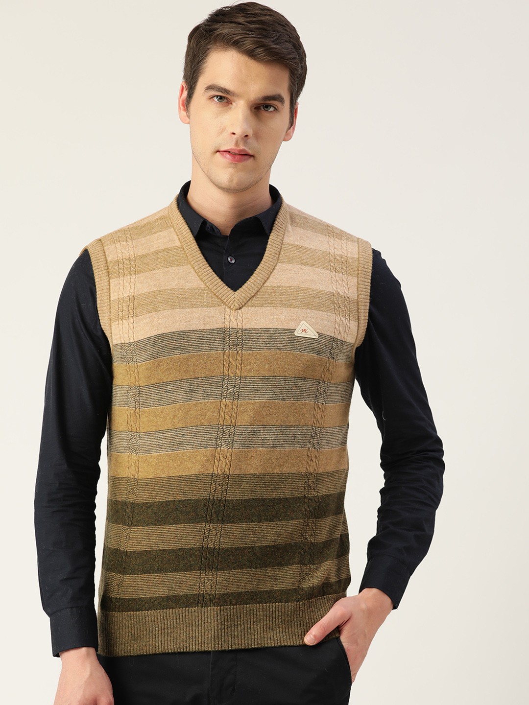 

Monte Carlo Men Beige & Olive Green Striped Sweater Vest