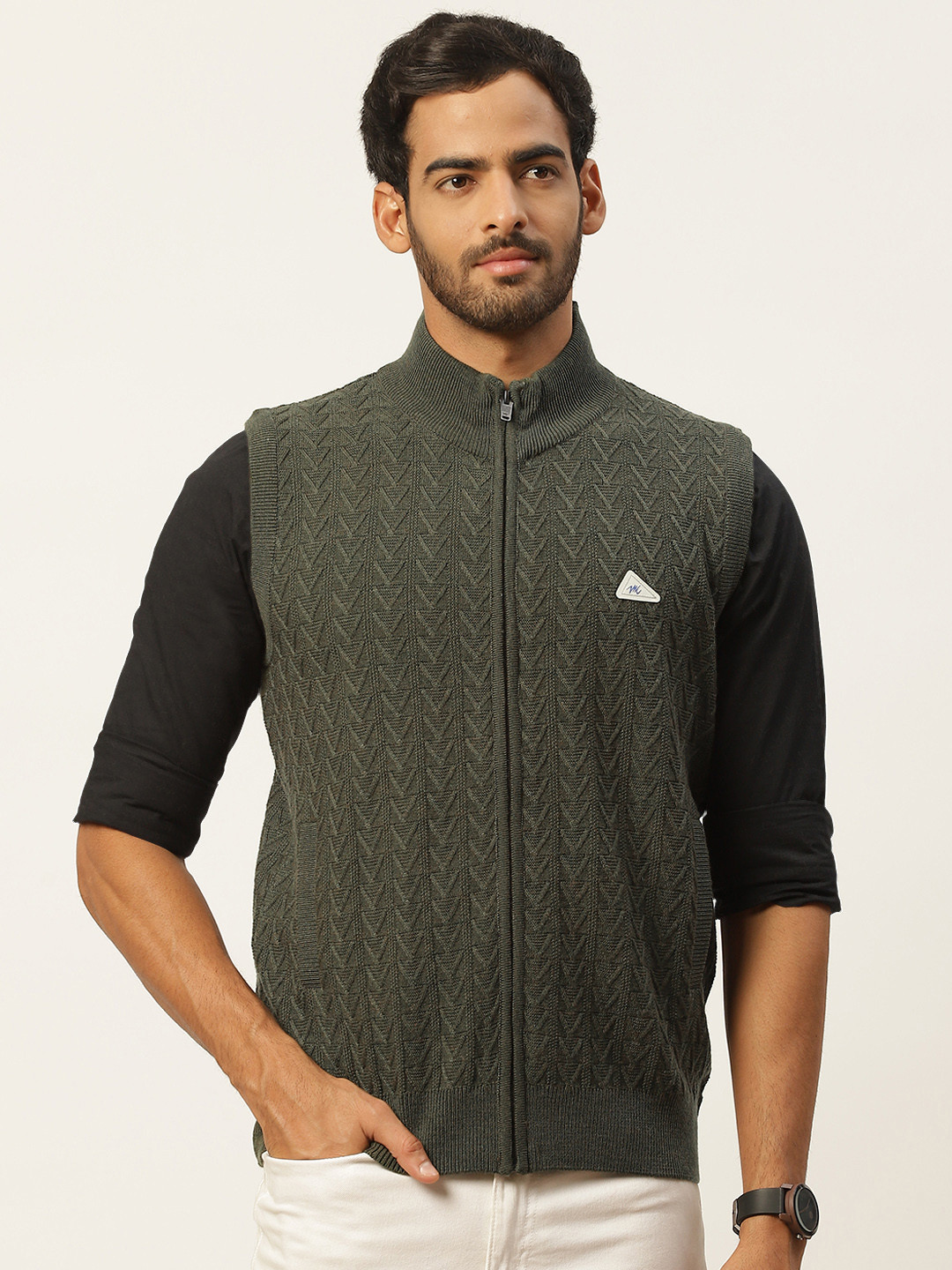 

Monte Carlo Men Olive Green Cable Knit Cardigan with Applique Detail
