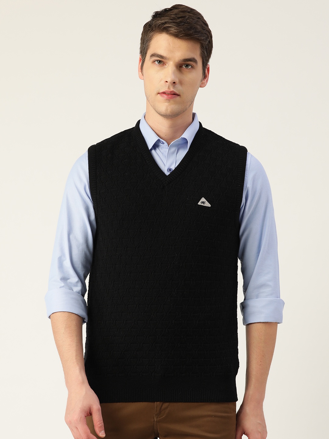 

Monte Carlo Men Black Pure Wool Self-Design Sweater Vest