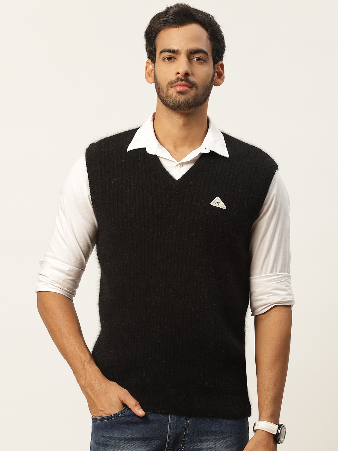 

Monte Carlo Men Black Angora Wool Ribbed Sweater Vest with Applique Detail