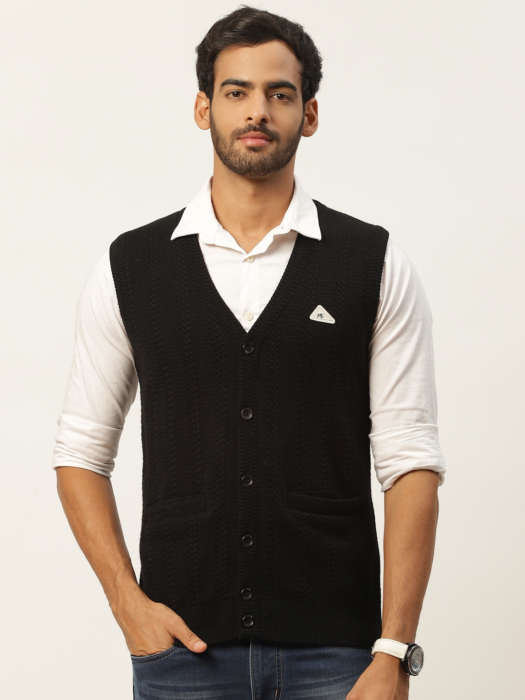 

Monte Carlo Men Black Self Design Cardigan