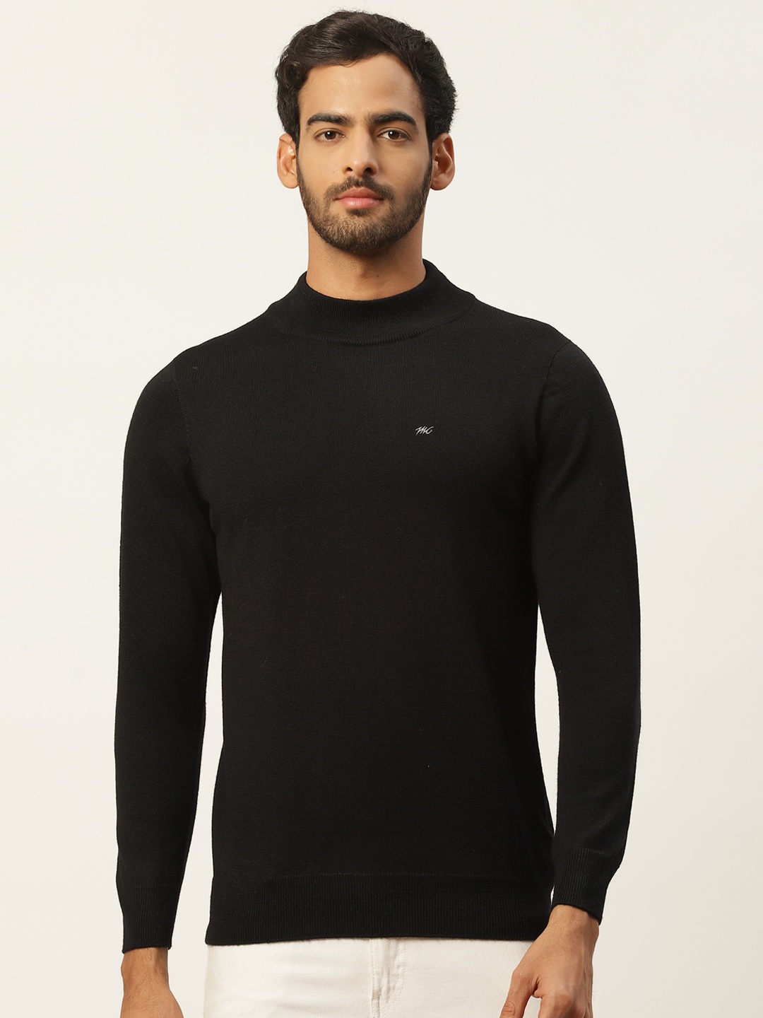 

Monte Carlo Men Black Solid Ribbed Hem Wool Pullover