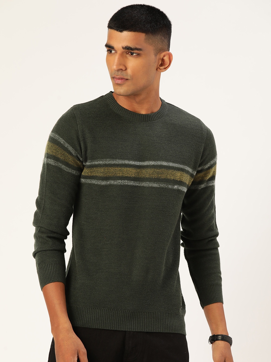 

Monte Carlo Men Olive Green & Yellow Striped Pullover