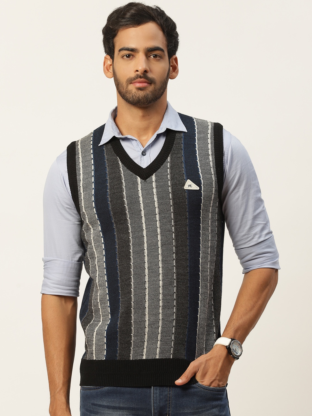 

Monte Carlo Men Grey & Navy Blue Striped Sweater Vest