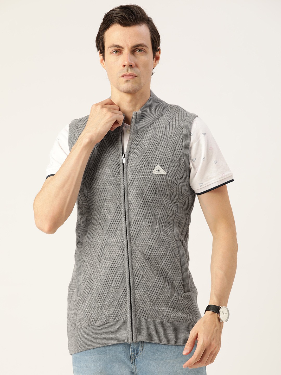 

Monte Carlo Men Grey Melange Geometric Self Design Cardigan