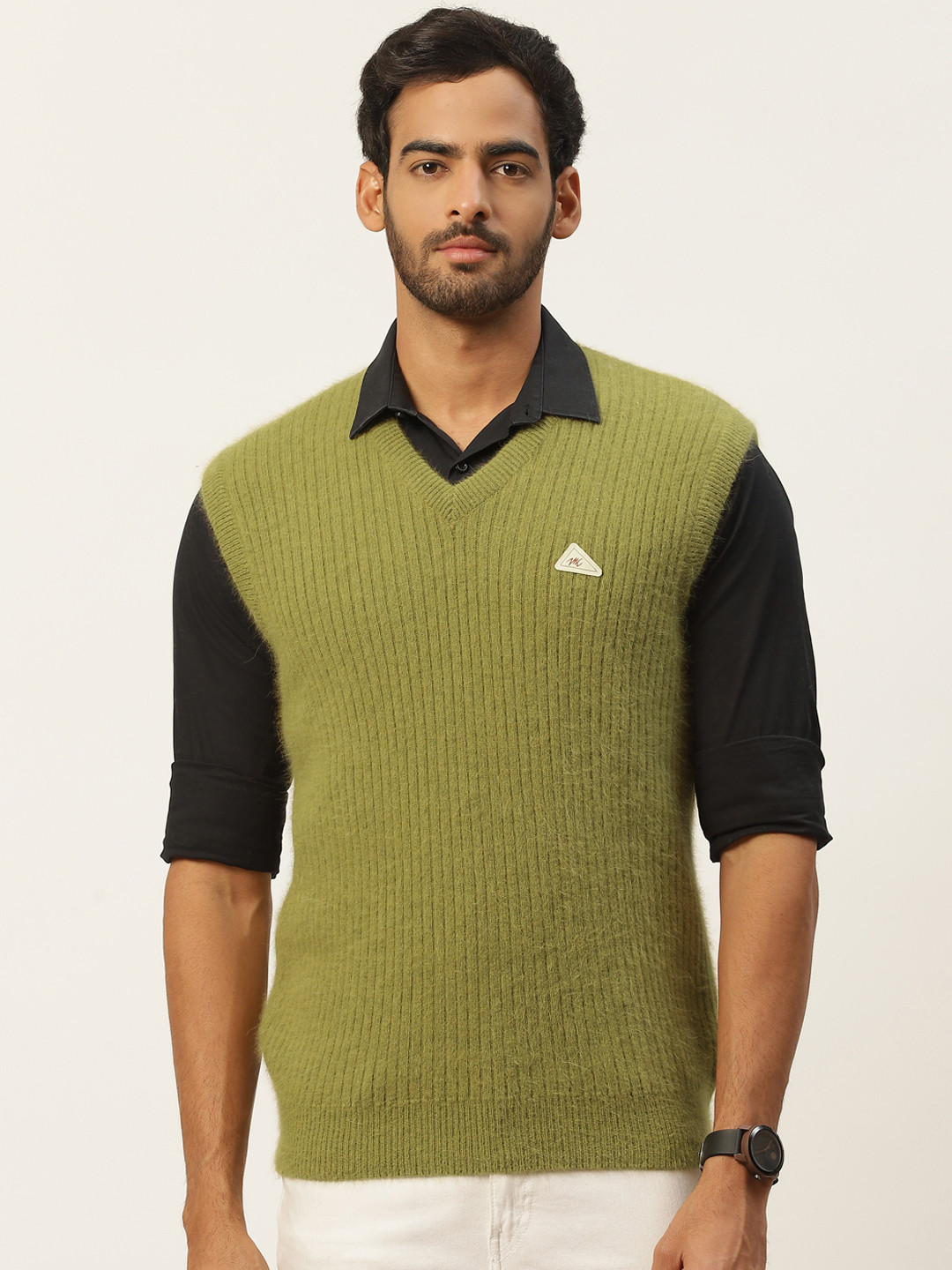 

Monte Carlo Men Olive Green Solid Sweater Vest