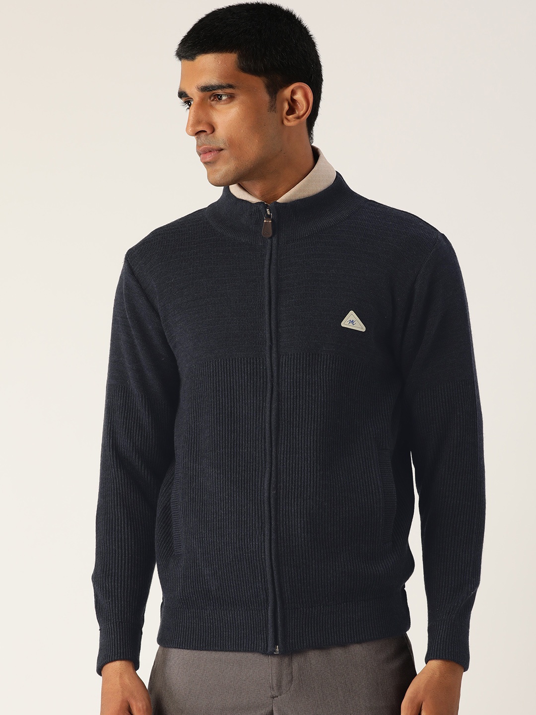 

Monte Carlo Men Navy Blue Ribbed Front-Open Sweater