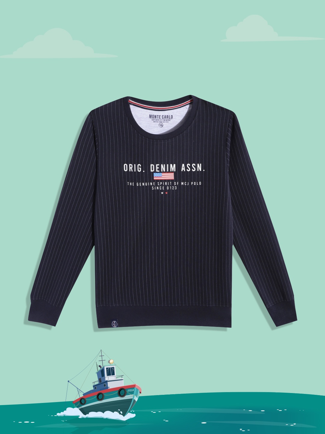 

Monte Carlo Boys Navy Blue & White Striped Sweatshirt with Typography Print